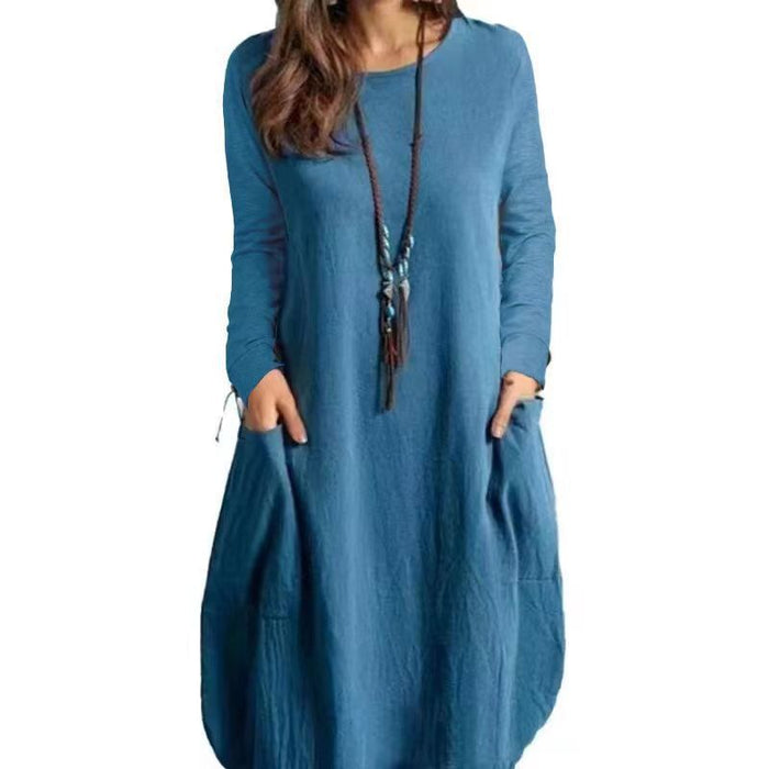 Cotton And Linen Loose Casual Solid Color Long-sleeve Dress