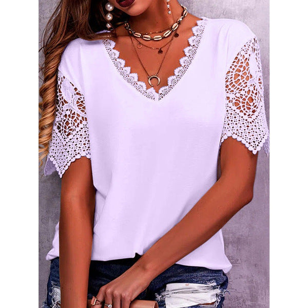 Lace Top Summer Loose V Neck Short Sleeve Casual Shirts