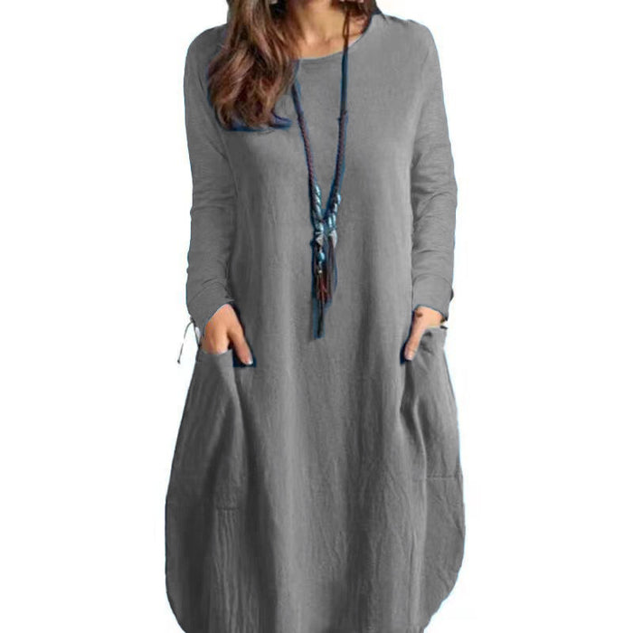 Cotton And Linen Loose Casual Solid Color Long-sleeve Dress