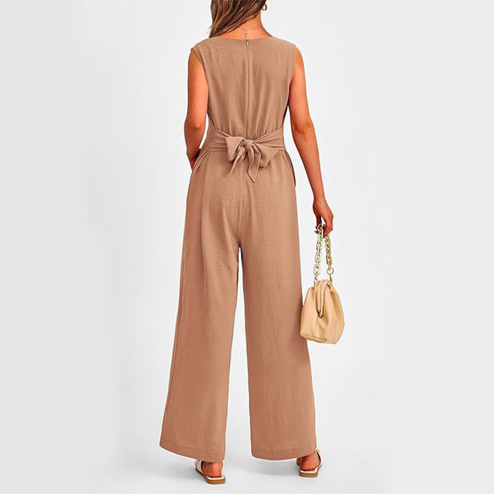 V-neck Sleeveless Long Jumpsuit With Pockets And Lace-up Design Wide-leg Straight Trousers