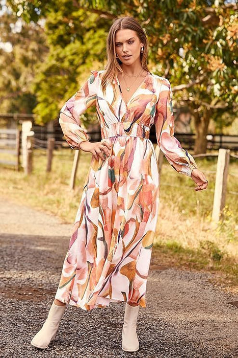 Casual Long Sleeve V-neck Printed Beach Dress